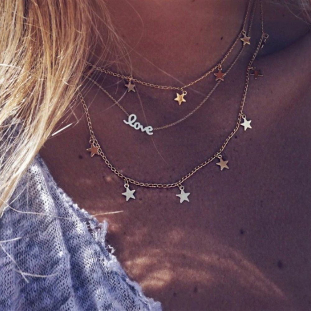 Boho Stars & LOVE Gold Layered Pendant Necklace
